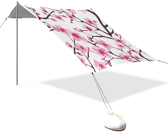 ALAZA Pink Cherry Blossom Flower Floral 2 Beach Tent Sun Shelter UPF50+ Protection Beach Shade Canopy w/ 4 Sandbags for Outdoor Camping Fishing Backyard Fun Picnic 10x9 ft