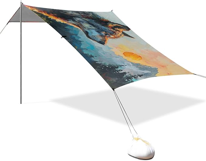 ALAZA Wolf Sunset Beach Tent Sun Shelter UPF50+ Protection Beach Shade Canopy w/ 4 Sandbags for Outdoor Camping Fishing Backyard Fun Picnic 10x9 ft