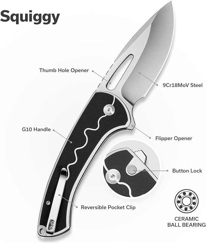 SENCUT Squiggy Pocket Knife Camping Folding Knife with 3.89'' 9Cr18MoV Blade &amp G10 Handle Reversible Clip for EDC Hiking S24082A-1 (White/Black)