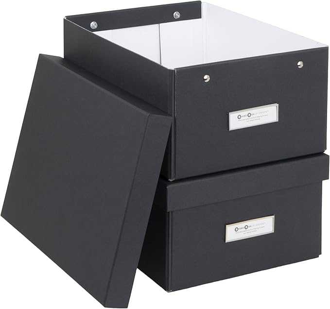 Bigso Box of Sweden Karin Collapsible Storage Box with Labelframe for Identification - Simple Assembly without Tools - Decorative Storage Boxes with Lids - 8.9in x 12.4in x 5.4in - 2 Pack - Dark Gray