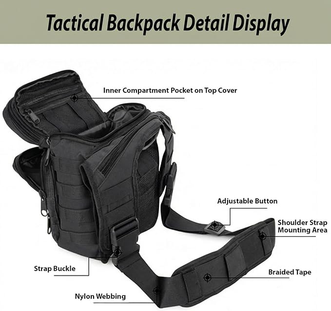 Tactical Backpack for MenMilitary Sport Bag Pack Sling Shoulder Backpack Tactical Crossbody Bag EDC Molle Assault Range Bag Chest Pack for Hiking Camping Outdoor - Black