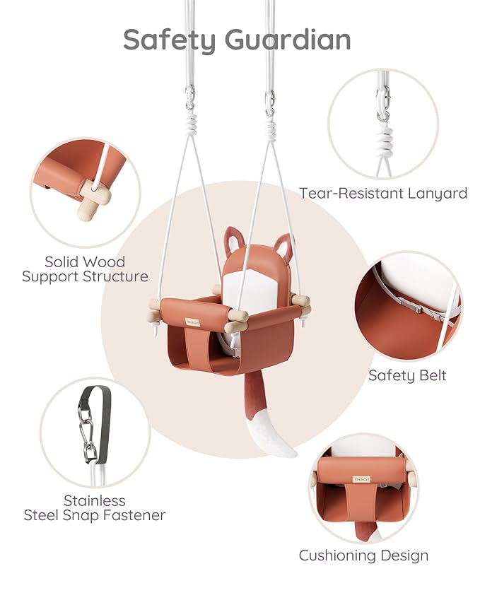 Wooden Baby Swing with Soft Safety Belt Cozy Infant Swing Seat for Indoor &amp Outdoor Use Adjustable Height Includes Mounting Hardware – Suitable for Babies &amp Toddlers（Fox-Themed in Red）