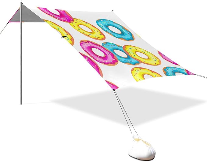 Beach Canopy with Windproof Ropes &amp Sandbags Beach Tent Sun Shade Sun Shelter for Camping Trips Fishing Backyard Fun or Picnics Donuts