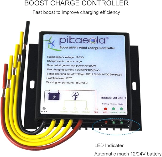 Pikasola MPPT Wind Turbine Charge Controller 12V/24V Auto Match IP67 Waterproof Suitable for 400W/600W Wind Turbine
