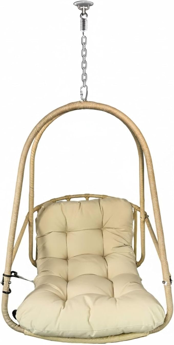 Foldable Rattan Hanging Egg Chair with Guardrail and Cup Holder for Indoor and Outdoor Relaxation in Patio Garden or Living Space - Ergonomic Design with Cushion and Pillow