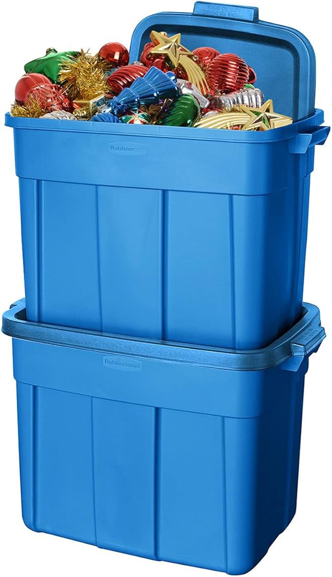 Rubbermaid Roughneck Tote 18 Gal 6 Pack Made in USA Heritage Blue Rugged Plastic Stackable Storage Bins with Lids and Handles