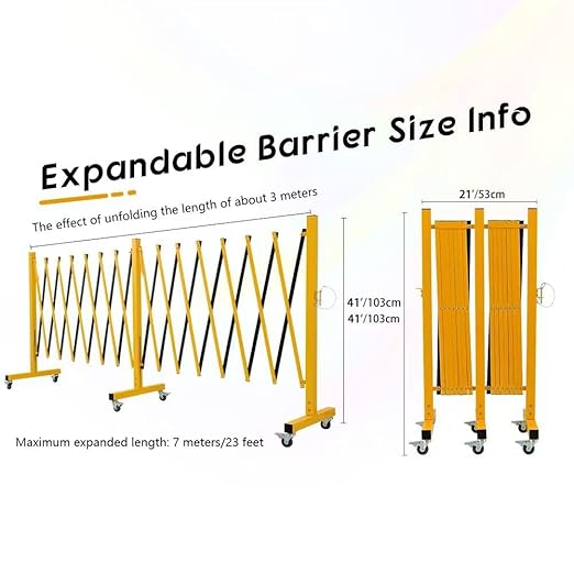GYMTIME Metal Expandable Barricade Safety Barrier with Casters Retractable Traffic Fence Mobile Temporary Folding Security Gate for Outdoor Shopping Mall 23 Feet Yellow and Black