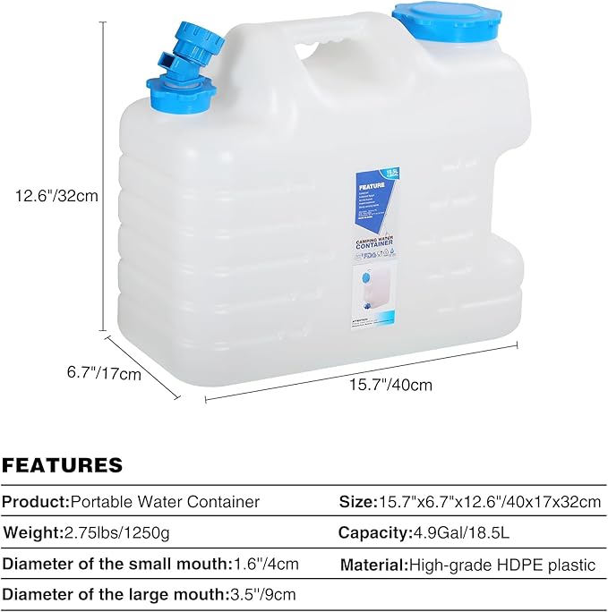REDCAMP 5 Gallon/18.5L Portable Water Container with Spigot - Camping &amp Emergency Water Storage for Car Hiking Hurricane Supplies 2 Pack