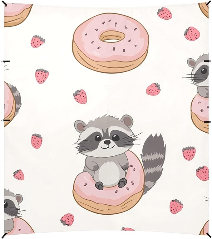 ALAZA Cute Raccoons Donut Strawberry Beach Tent Sun Shelter Portable Canopy Sunshade for Outdoor Camping Picnics Backyard Fun 10x9 ft