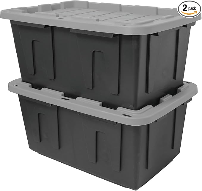 CX BLACK &amp YELLOW 27-Gallon Heavy Duty Tough Storage Container &amp Snap-Tight Lid Black &amp Grey (14.3H x 20.6W x 30.6D) Weather-Resistant Design and Stackable Organization Tote [2 Pack]