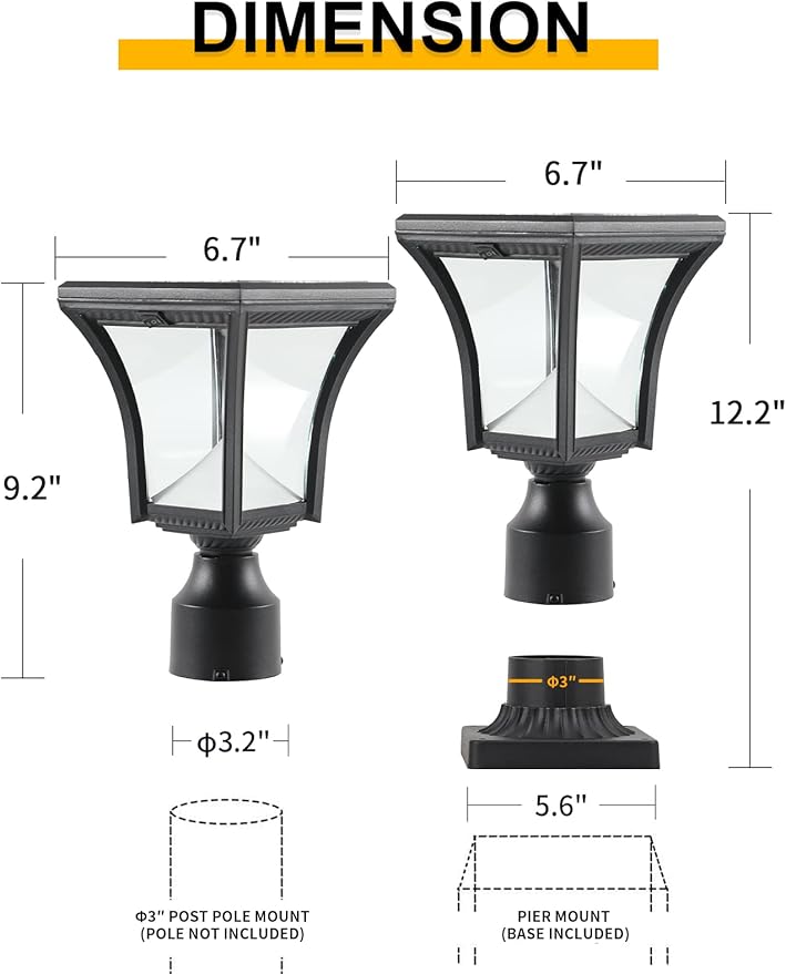 Solar Post Light with Pier Mount Solar Lamp Post Light with Clear Glass Solar Pillar Light Outdoor Warm White &amp Cool White (Switch)