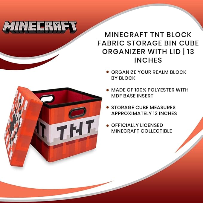 MINECRAFT TNT Block 13-Inch Storage Bin Chest With Lid | Foldable Fabric Basket Container Cube Organizer With Handles Cubby For Shelves Closet | Home Decor Essentials Video Game Gifts