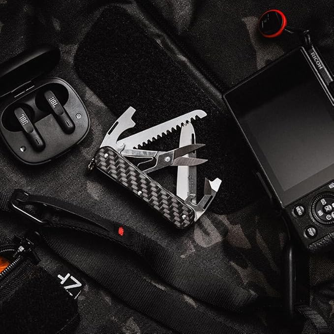 Fox Knives Vulpis FX-VP130-SF5 CF Slipjoint EDC Pocket Knife 5-in-1 Multitool - 2.17in Blade Hacksaw Bottle Opener Can Opener Scissors Flat Head Screwdriver - Every Day Carry (Carbon Fiber)