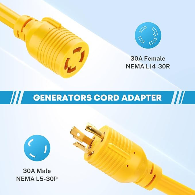 Kohree NEMA L5-30P to L14-30R Adapter Cord 3 Prong to 4 Prong Generator Adapter STW 10 AWG 12 30 Amp L5-30P Male Generator to L14-30R Transfer Switch Female Adapter