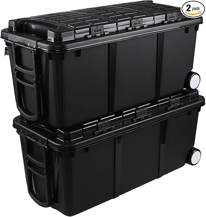 Sadstory 20 Gallon Plastic Wheeled Industrial Storage Tote Heavy-Duty Industrial Storage Toolbox with Compartment 2 Pakcs Black
