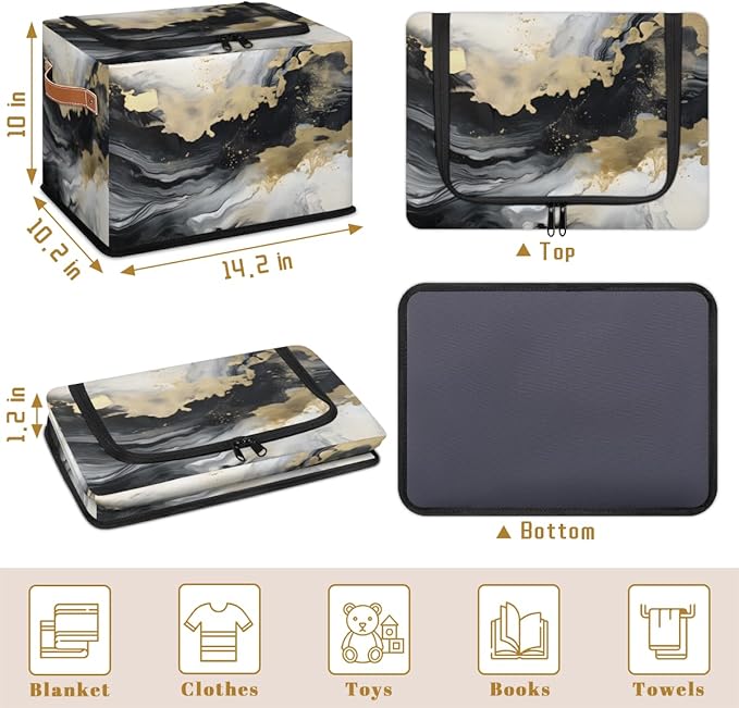 Marble Storage Bins with Zipper Lid Abstract Fabric Lidded Storage Baskets Cubes with Handles Decorative Foldable Shelf Closet Organizer Container