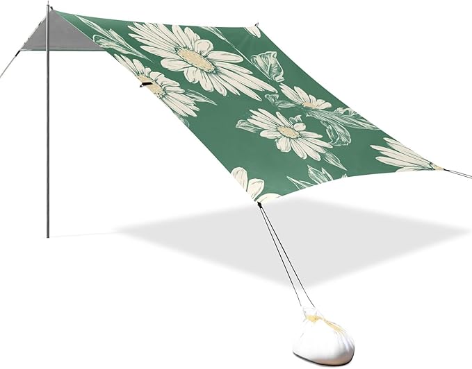 ALAZA Vintage Daisy and Flowers Green Beach Tent Sun Shelter Portable Canopy Sunshade for Outdoor Camping Picnics Backyard Fun 10x9 ft
