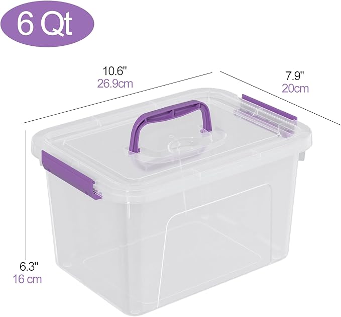 Sandmovie 6 Quart Clear Latching Box with Lid and Handles Clear Plastic Storage Tote 6 Packs