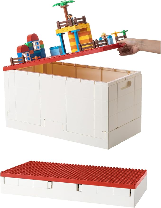 SHIMOYAMA 53 Qt. Folding Storage Box with Large Building Lid for Lego Duplo Blocks 13 Gallon Collapsible Organizer for Lego Bricks (Red)