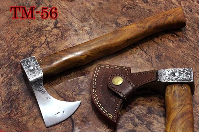 High Carbon Steel Voyager Axe Tomahawk Bearded Hiking Battle Axe 14 Inches Long with Rose Wood Round Handle Thick Cow Hide Leather Sheath
