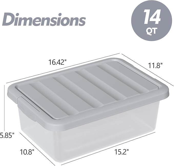 Clear Storage Bin with Lid Plastic Stackable Container Organizer Medium-14 Quart Grey 2 Pack