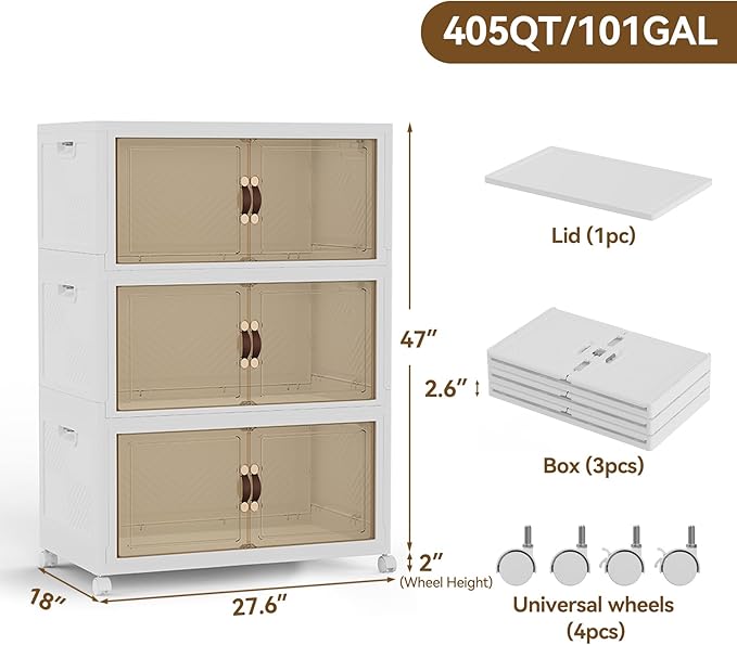 SAILUN 410QT/102Gal Stackable Storage Bins with a Lid Collapsible Storage Bins With Doors Folding Cabinet for Home Closet Organization3 Pack-28 W x 18 D x 47 H White