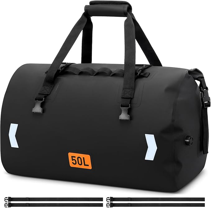 OCKLILY Waterproof Dry Bag 50L Roll-top Motorcycle Tail Bag with Air Valve &amp Quick-fixed Straps Travel Duffle Bags for Kayaking Paddle Boarding Rafting Boating Camping Riding Fishing - Black