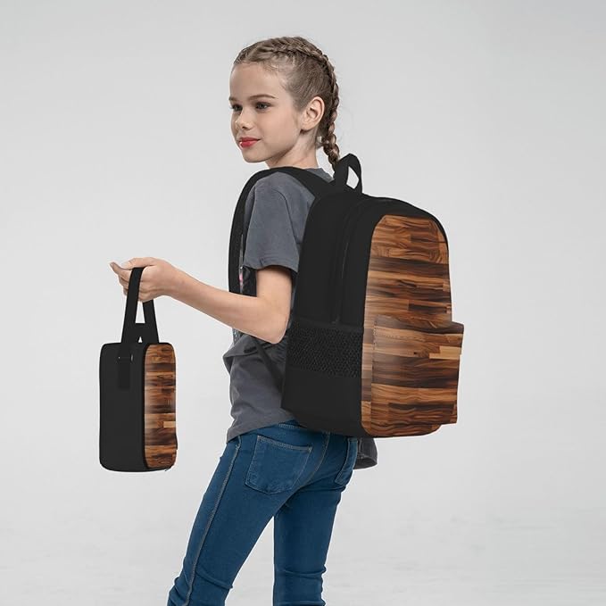 Wood Grain Backpack With Lunch Box 3 In 1 Set With Pencil Case Large Capacity Backpack With Chest Strap