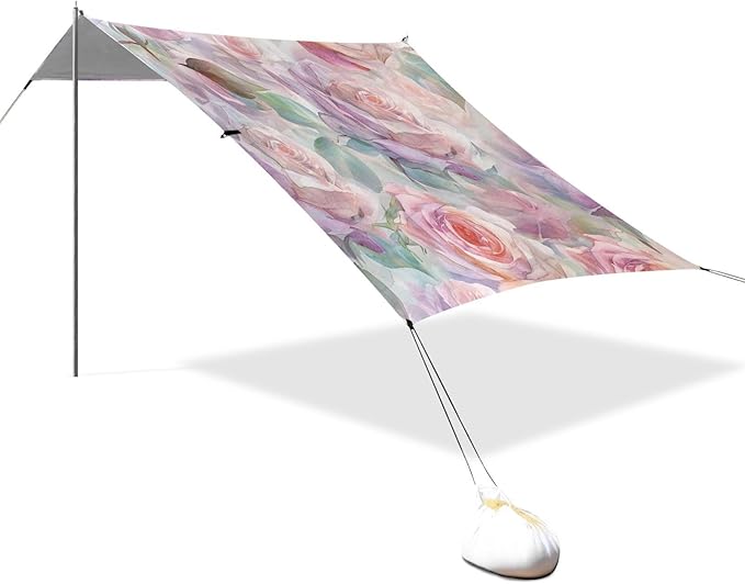 ALAZA Watercolor Pink Rose Flowers Beach Tent Sun Shelter UPF50+ Protection Beach Shade Canopy w/ 4 Sandbags for Outdoor Camping Fishing Backyard Fun Picnic 10x9 ft