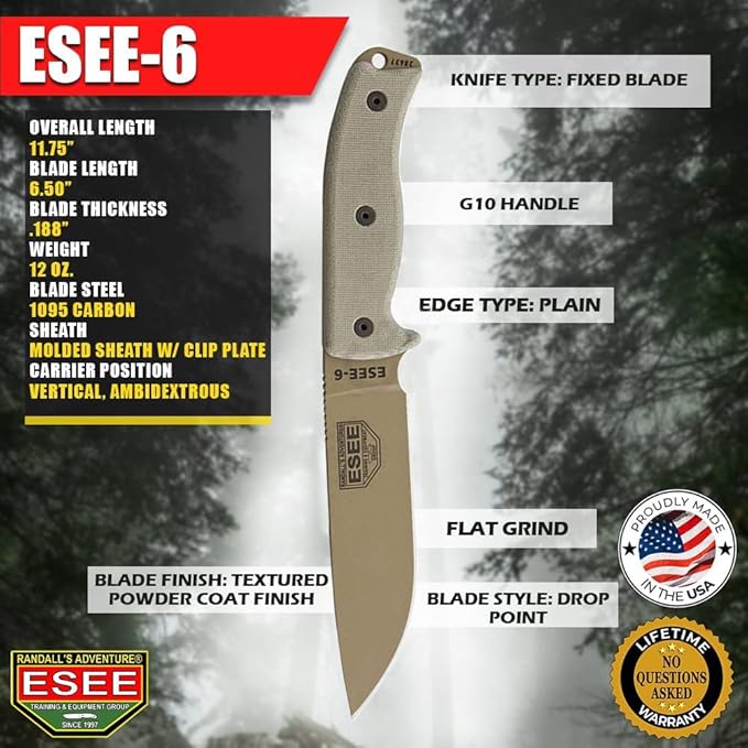 ESEE Knives 6P Fixed Blade Knife w/Molded Polymer Sheath (Dark Earth Blade/Black Sheath)