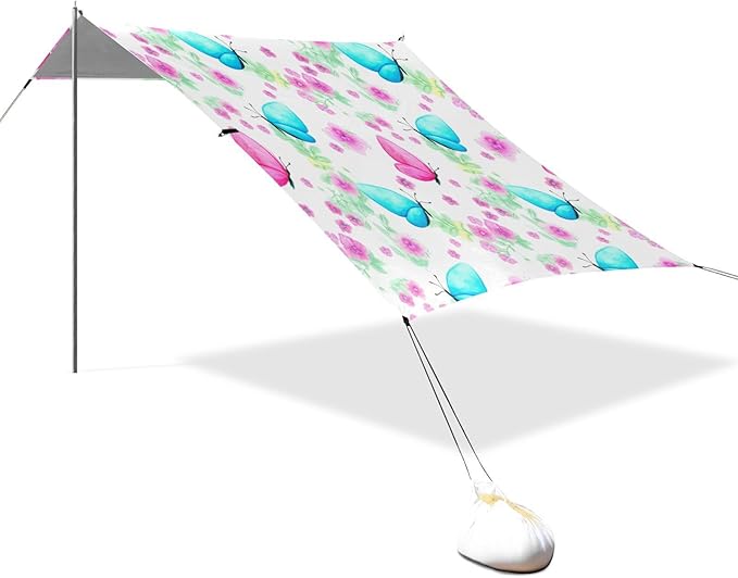 xigua Butterfly Beach Tent Sun Shelter with Carrying Bag - Silver Coated Oxford Fabric Beach Canopy for Beach Camping Fishing - Includes Windproof Ropes Sandbags &amp Stakes