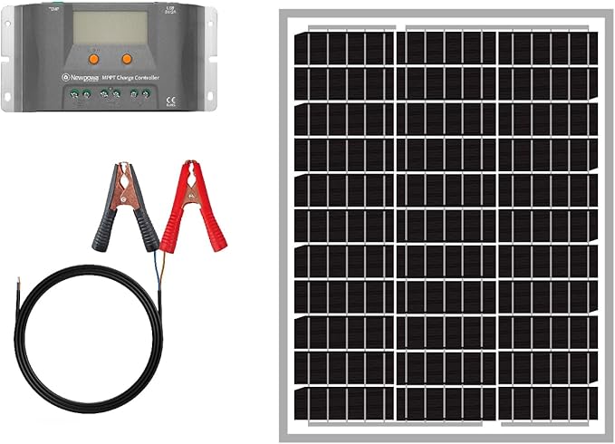 Newpowa 20W 20Watts 12Volt Mono Solar Panel Off Grid Solar Charge Kit 20 Watt 12 Volt 10BB Solar Panel+10A MPPT Charge Controller+8ft Cord for Connecting Controller to Battery Alligator Clamp