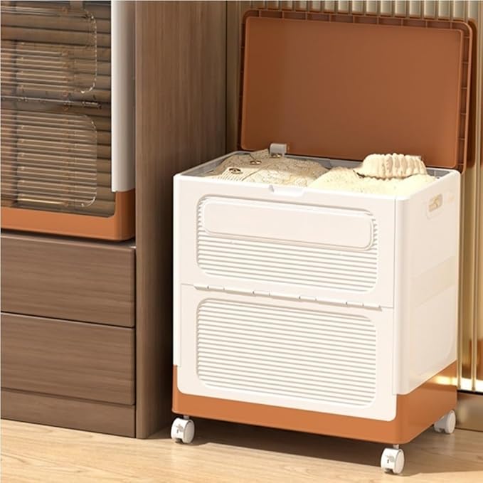 Flip-top Storage Cabinet Clothes Storage Box with 4 Wheels Plastic Foldable Storage Box Multi-functional Storage Bin for Living Room Bedroom(Brown)