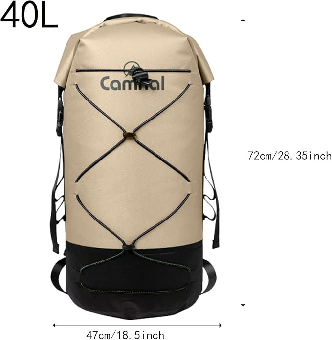 pistro 40L Waterproof Dry Backpack for Kayaking Boating Swimming with Wet Dry Separation Compartment Outdoor Sports Bag- Khaki
