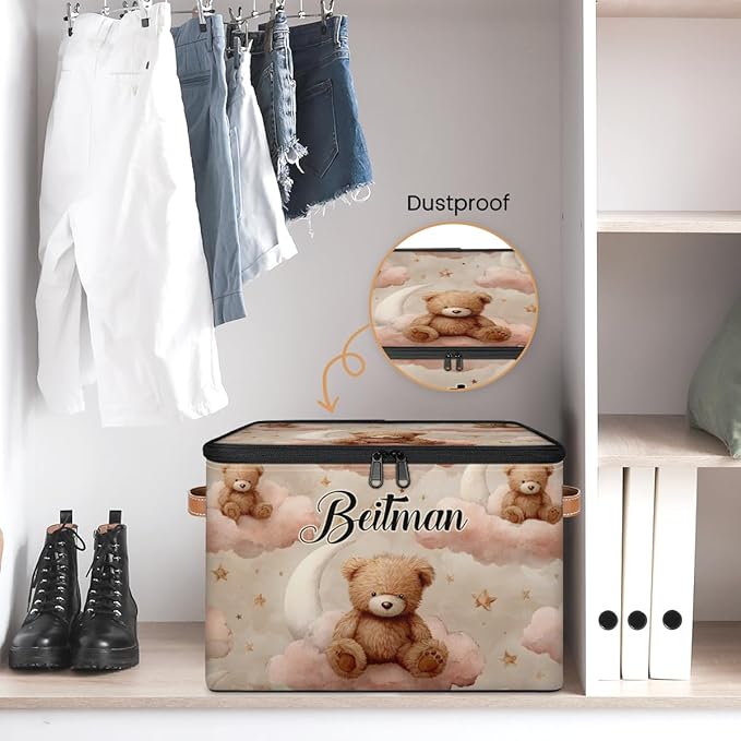 Storage-Bins with Lids Personalized Closet-Storage-Bins Under-Bed Stackable-Cubes-Box for Home Bedroom Bear Pink