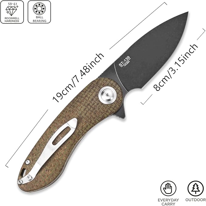 Sitivien ST139 Sandvik 14C28N Steel Blade Folding Knife Micarta Handle EDC Tool Knives for Outdoor Camping Hiking Hunting Survival(Green)