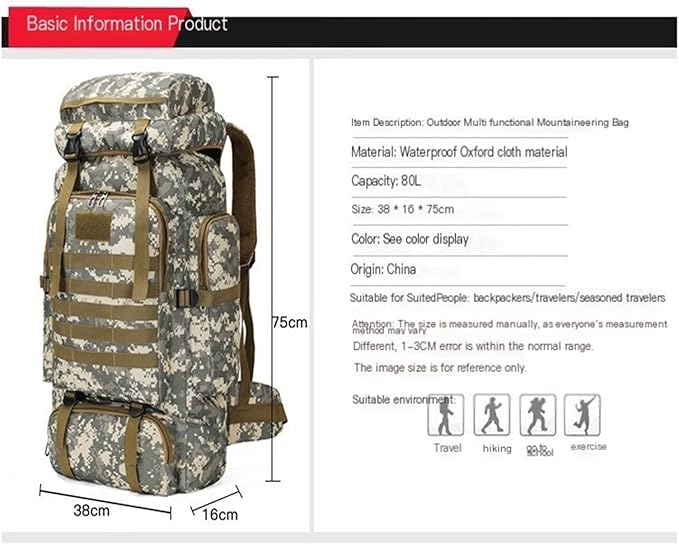 80L Tactical Backpack Camouflage Large Capacity Water-resistant Hiking Bag Outdoor Sports(Brown green)