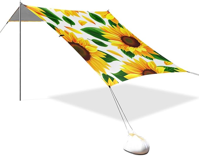 Beach Canopy with Windproof Ropes &amp Sandbags Beach Tent Sun Shade Sun Shelter for Camping Trips Fishing Backyard Fun or Picnics Sunflowers