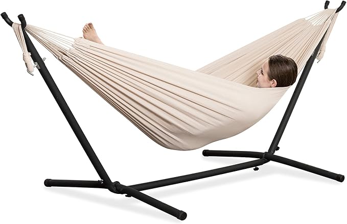 PNAEUT Double Hammocks with Stand for Outside Portable Space Saving Heavy-Duty Steel Stand for Indoor Outdoor Patio with Carrying Bag 450 lbs Capacity (Beige)