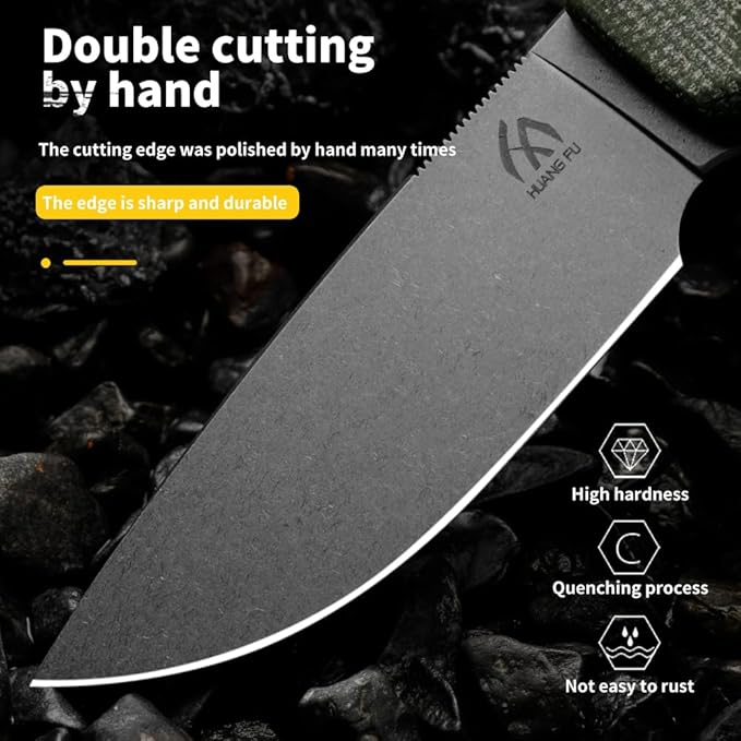HUANG FU Fixed Blade Knife 7.08 Inches Total Length Double Edge High-Carbon Steel Tactical Survival Knife with K-Sheath (Brown stem)