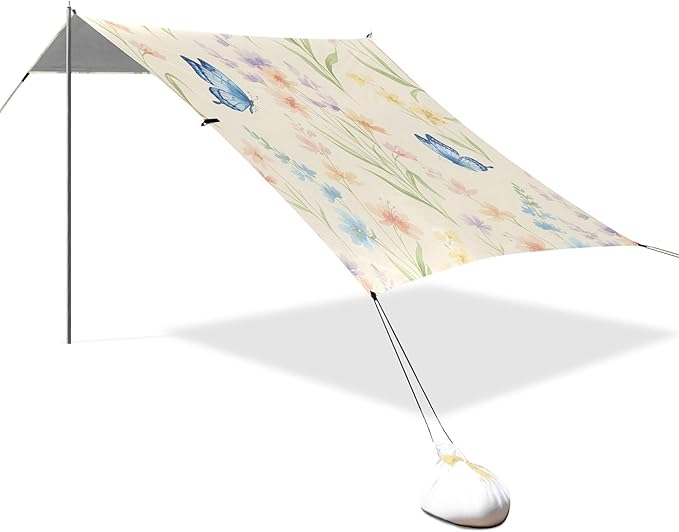 Wildflowers Beach Canopy Sun Shelter with Sandbags &amp Sand Shovel &amp Windproof Ropes - Portable 110x126 Beach Shade Beach Tent for Camping Picnics