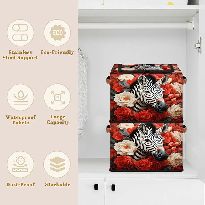 2Pcs Clothing Storage Bins with Zipper Lid Animal Zebra Storage Baskets for Organizing Foldable Storage Baskets for Closet Frame Storage Box with Reinforced Handles