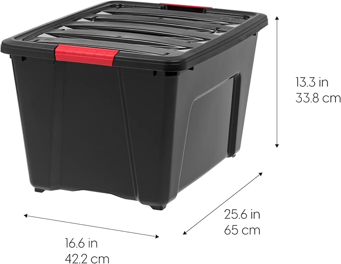 IRIS USA 72 QT Plastic Storage Box with Lid and Latches - 4 Pack - BPA-Free Garage Organizing Solution Durable Nestable Stackable Containers Secure Pull Handle - Black
