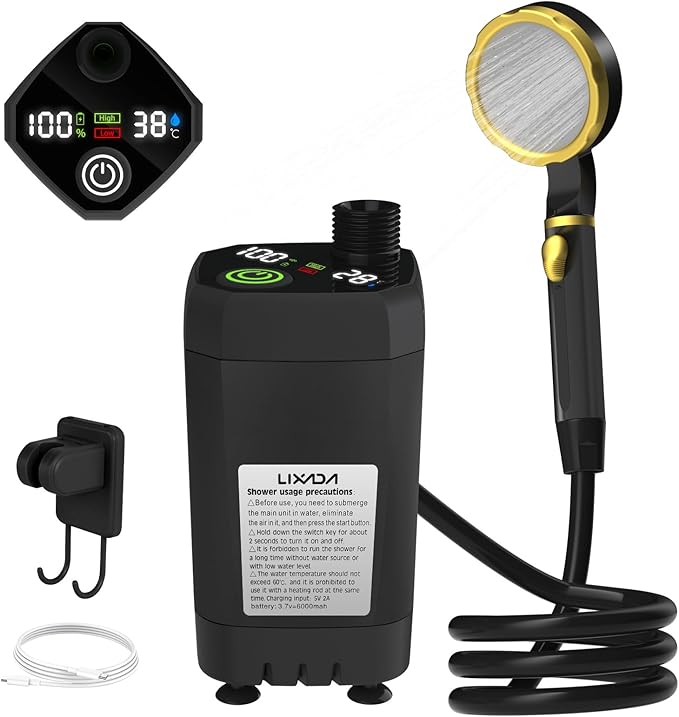 Full Screen Intelligent Digital Display Portable Camping Shower Pump HighEfficiency EnergySaving Mode for RVs and Outdoor Adventures Ecofriendly PVC Silicone Orange/Green/Blue