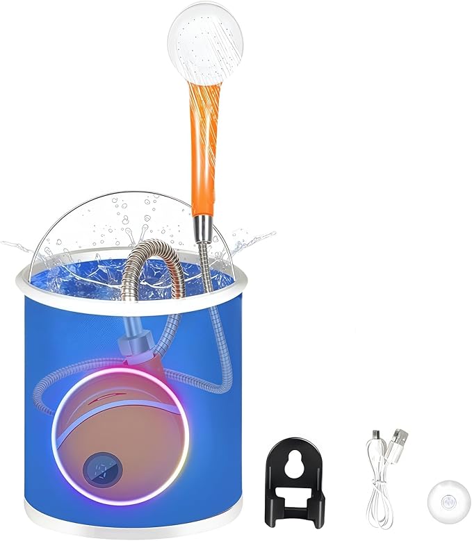 Portable Camping Shower Pump Rechargeable Outdoor Shower Head Sprayer Pumps Water from Bucket. for Camping Hiking Travel Pet Cleaning Car Washing