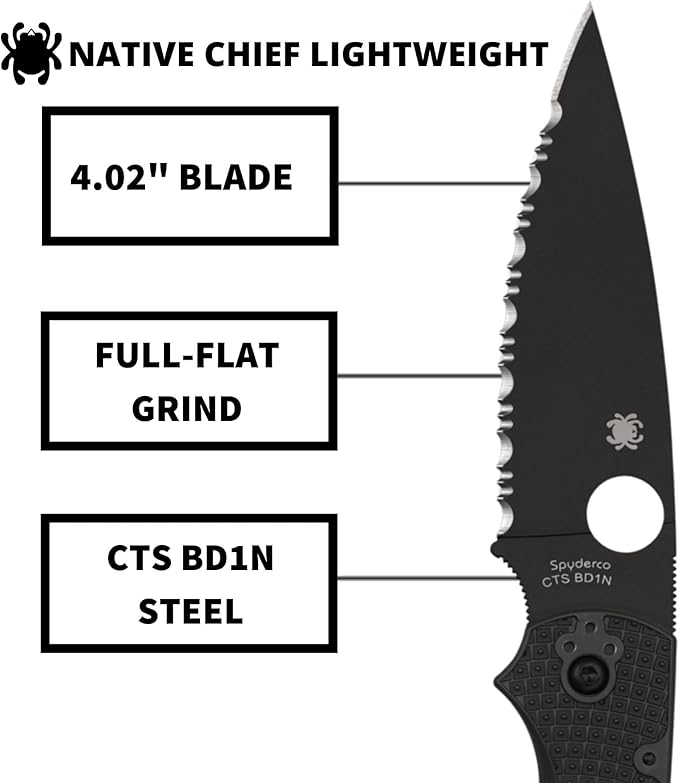 Spyderco Native Chief Lightweight Folding Pocket Knife with 4 CTS BD1N Steel Blade and FRN Handle - EDC Knife for Men and Women Perfect for Hunting Tactical Camping - SpyderEdge - C244SBBK