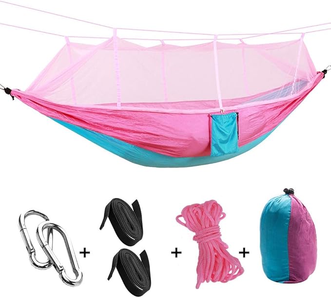 260x140cm Lightweight Outdoor Mosquitoes Net Hammock Camping Swing with Rollover Prevention(260cm-Pink and Sky Blue)