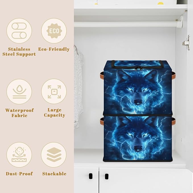 Wildlife Wolf Storage Box with Lid Cool Wolf Collapsible Storage Bins Baskets Cubes Closet Shelf Clothes Organizer Containers with PU Leather Handles