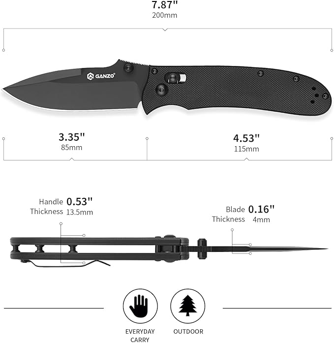 Firebird GANZO G704B-BK Pocket Folding Knife 3.34 440C Stainless Steel Black Blade G-10 Anti-Slip Handle with Clip Hunting Fishing Camping Folder Outdoor EDC Pocket Knife (Black)