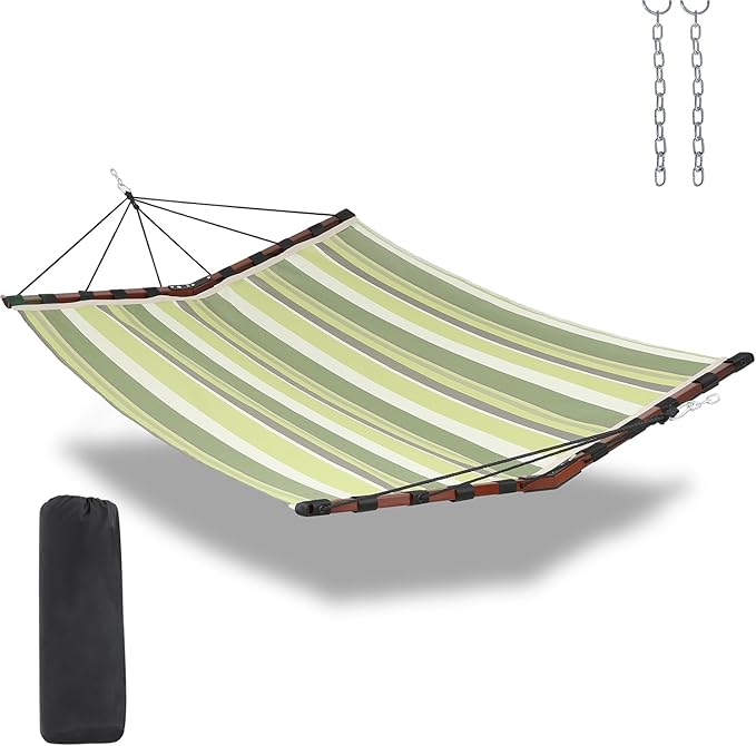 TegerDeger 12FT 2 Person Hammock Large Hammock Quick Dry 450LB Capacity with V Shaped Hardwood Spreader Bar &amp Nylon Rope for Outside Patio Garden Backyard Beach Poolside - Tender Green Stripe